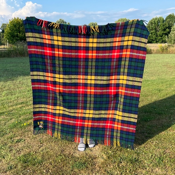 Vtg All Wool England Made Scottish Glen Check Plaid Fringe Throw Blanket 56 X 60 - Picture 2 of 10